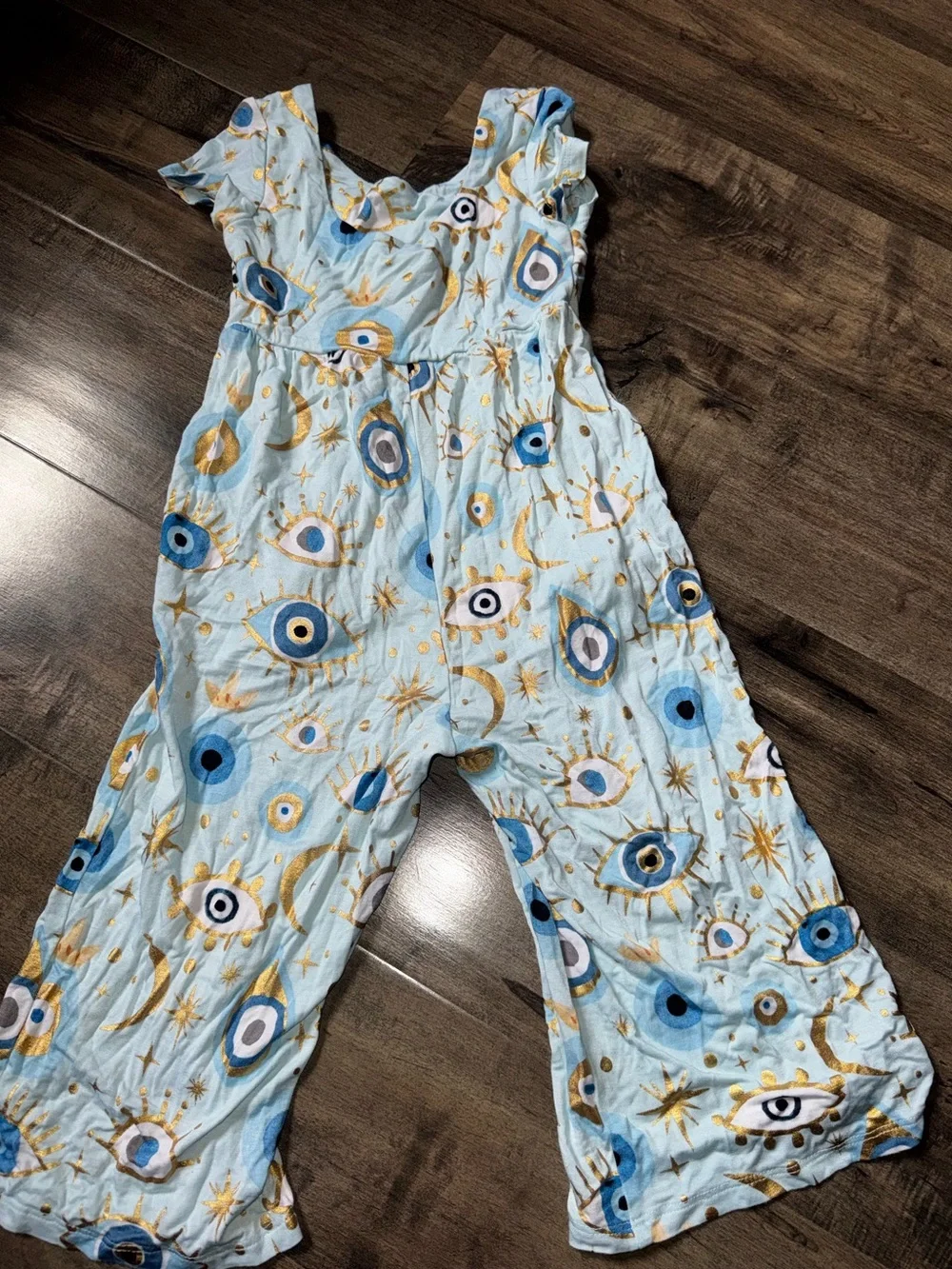 Posh Peanut Fiona Blue Evil Eye Wide Leg Romper 2T Gold Foil Moon Ruffle